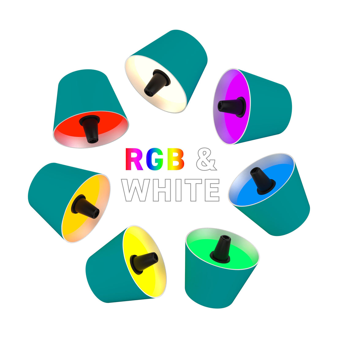 Sompex Top 2.0 Oplaadbare Flessenlamp│Turqouise│art. 72534│Buitenverlichting│Op fles en liggend naast fles met RGB kleuren aan