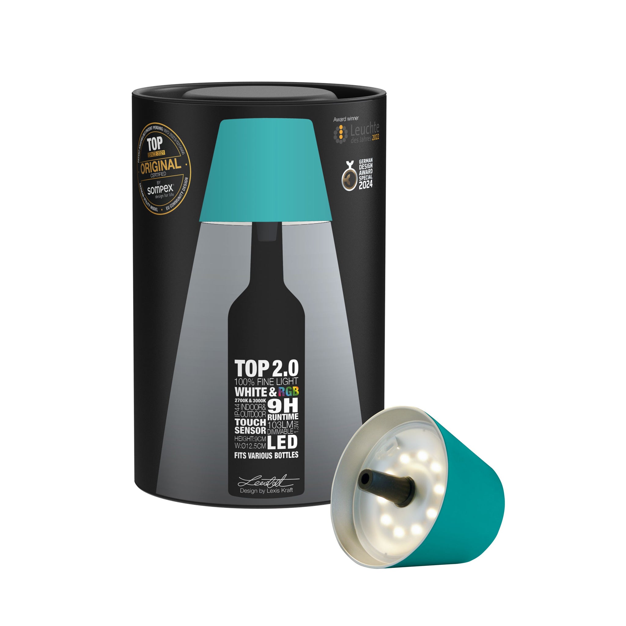 Sompex Top 2.0 Oplaadbare Flessenlamp│Turqouise│art. 72534│verpakking
