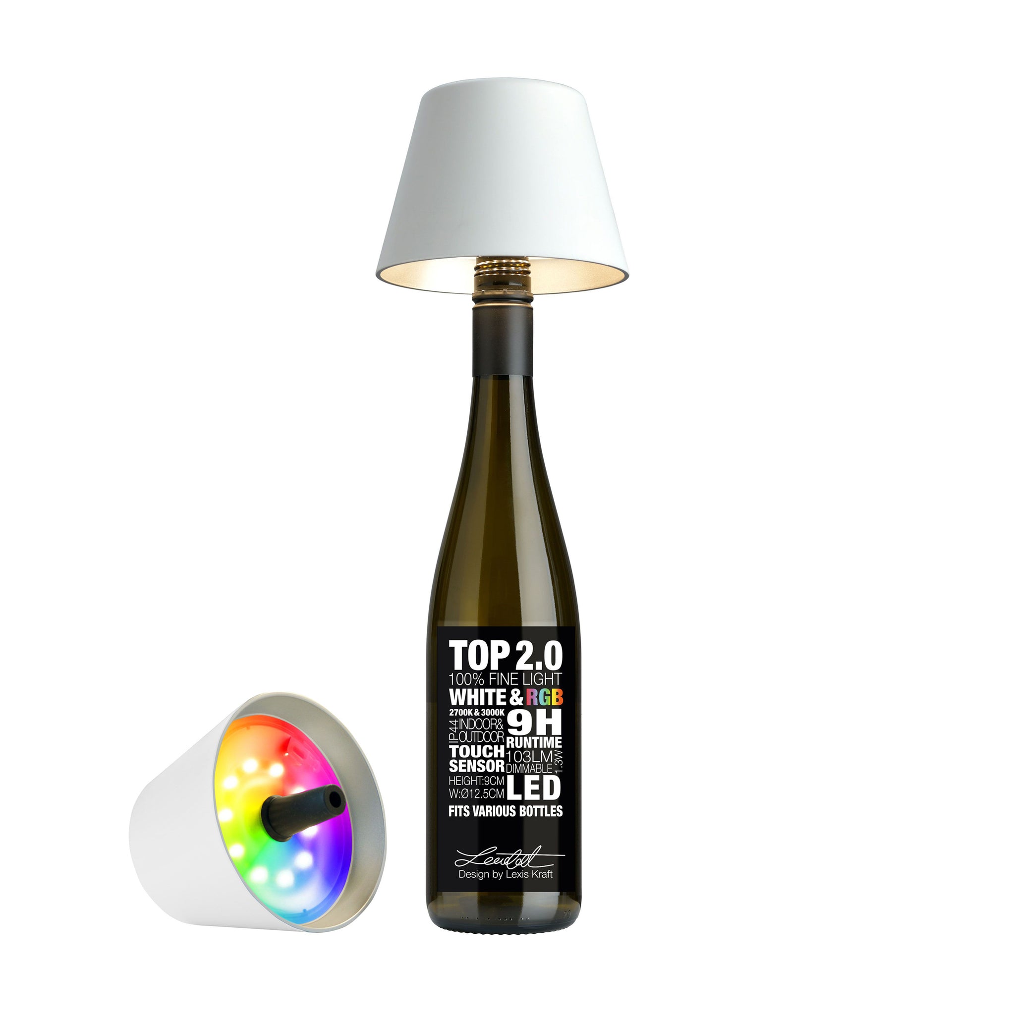 Sompex Top 2.0 Oplaadbare Flessenlamp│Wit│Buitenverlichting│art. 72521│lamp op fles en liggend naast fles met RGB kleuren verlichting aan
