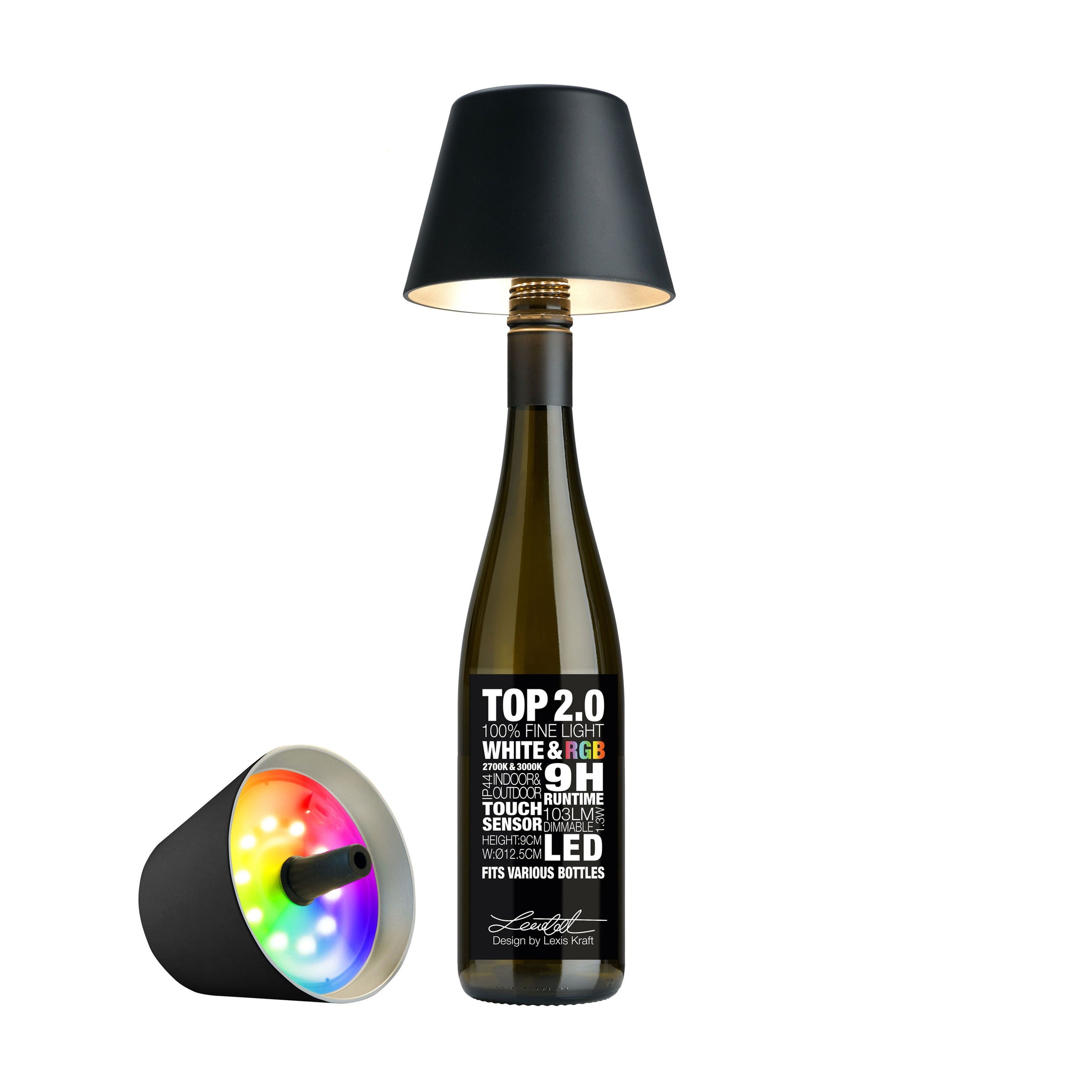 Sompex Top 2.0 Oplaadbare Flessenlamp│Zwart│Buitenverlichting│art. 72520│lamp en fles en naast fles met kleurenverlichting aan