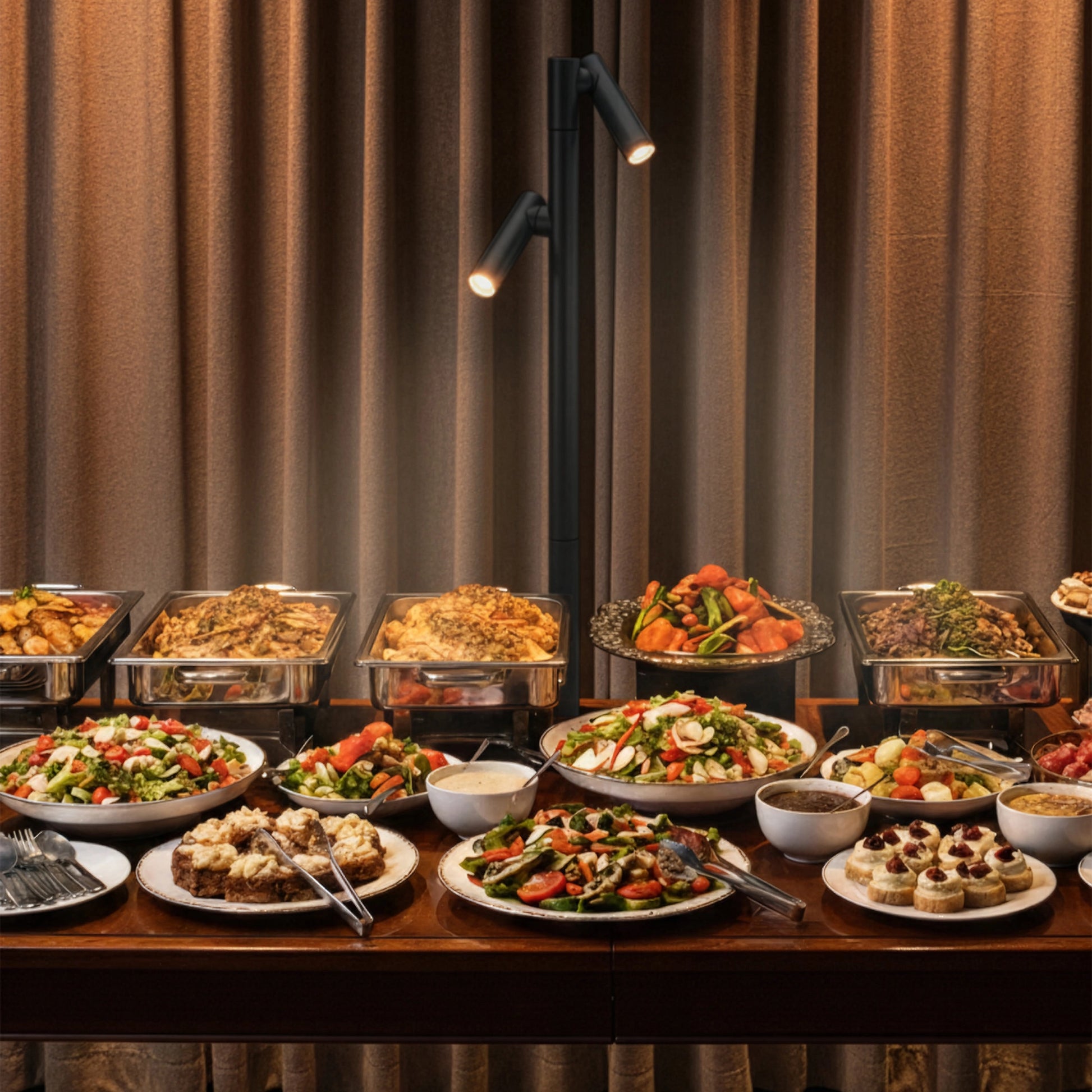 Sompex Tubo Buffet Oplaadbare LED Tafellamp 2-Lichts Zwart op een eettafel met buffet, verlichting schijnt op het eten
