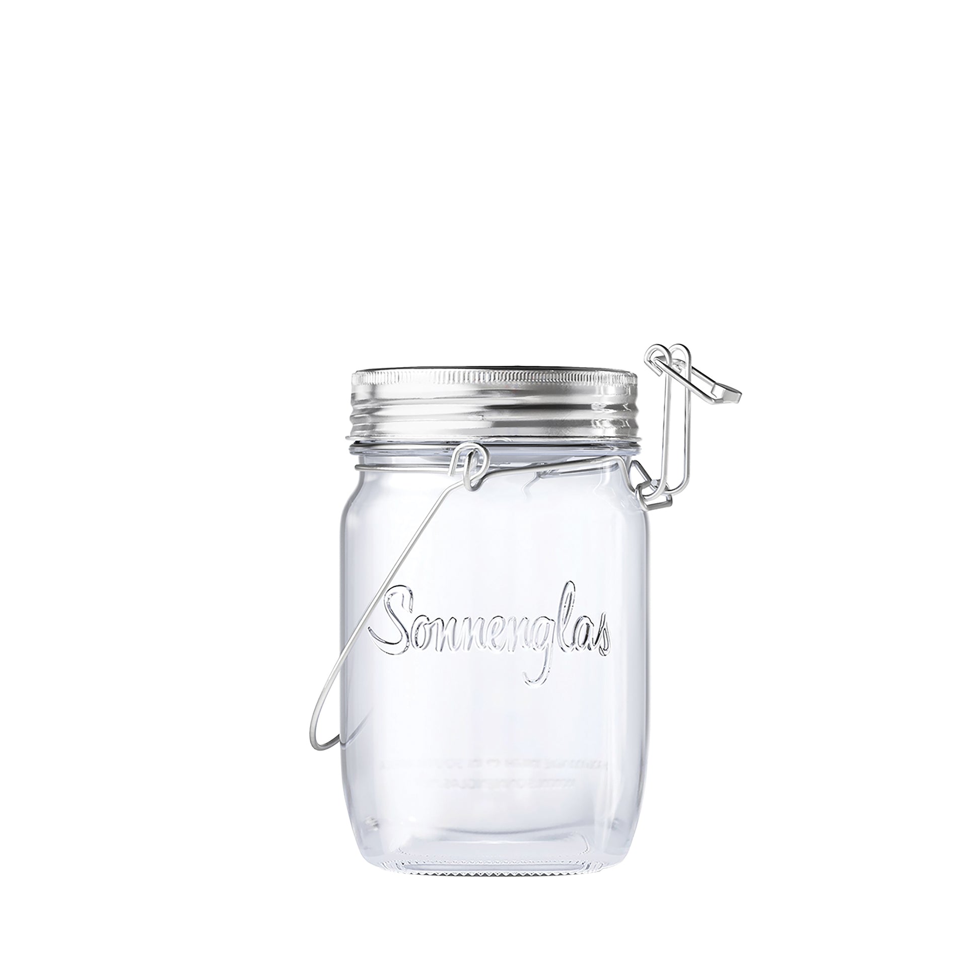 Sonnenglas Mini│Glazen lantaarn op zonne-energie│Licht in een glazen pot│Voorkant met witte achtergrond