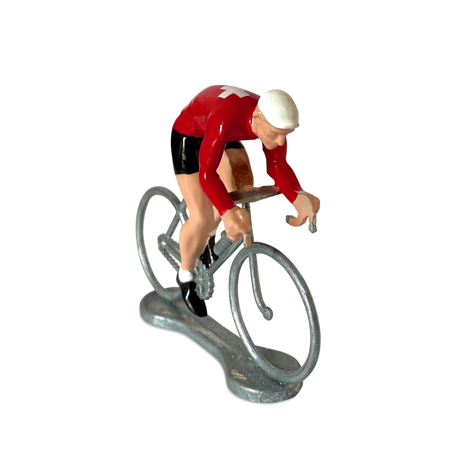 Vooraanzicht schuin van Miniatuur Wielrenner Sprinter met Kampioenstrui Zwitserland.