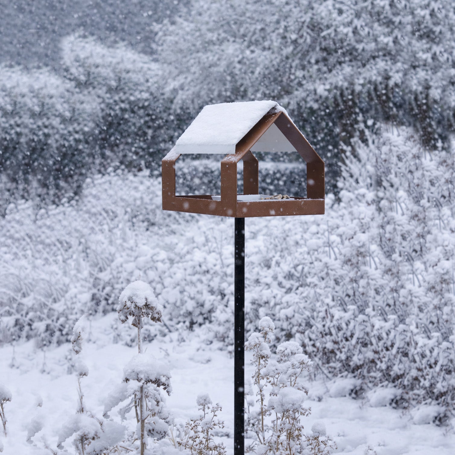 The Barn Vogelvoederhuis op paal ruin van Heeej -in wintertuin met besneeuwde struiken