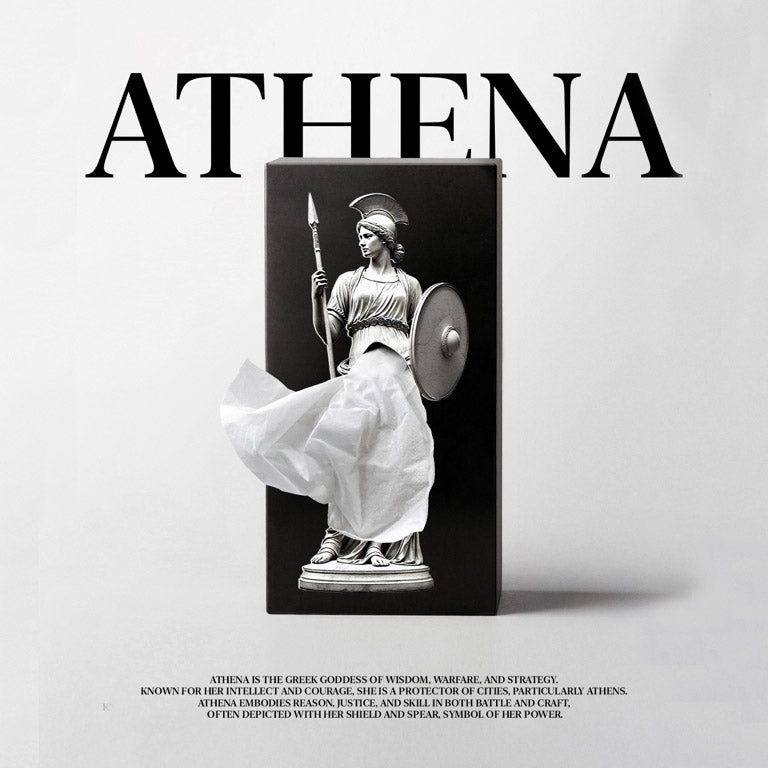 Tissue Up Mythology│Tissuebox Athena - vooraanzicht met tekst over Griekse Godin
