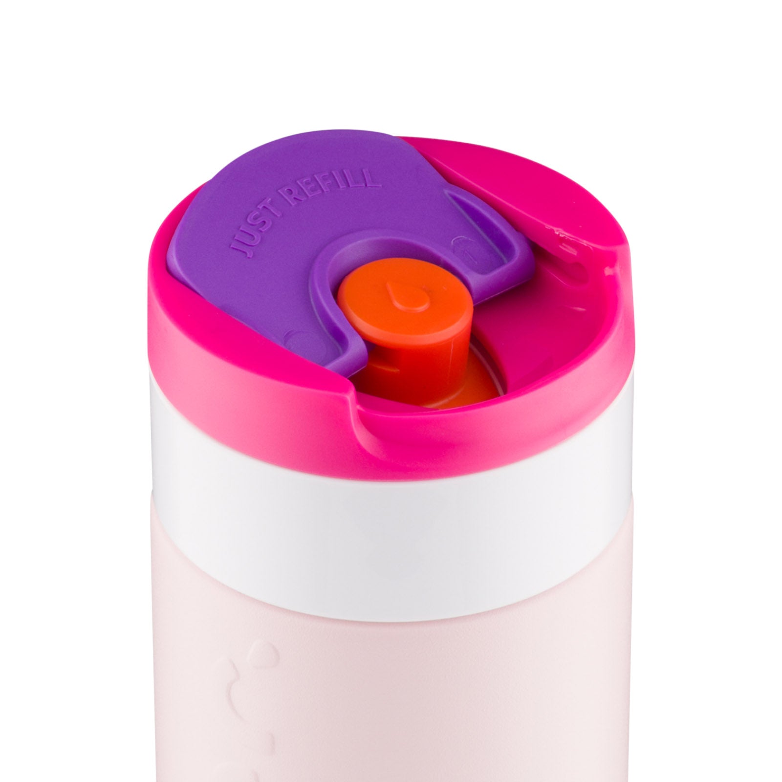 Dopper Travel Mug 300ml Berry Pink - detail van de Flip Cap geopend