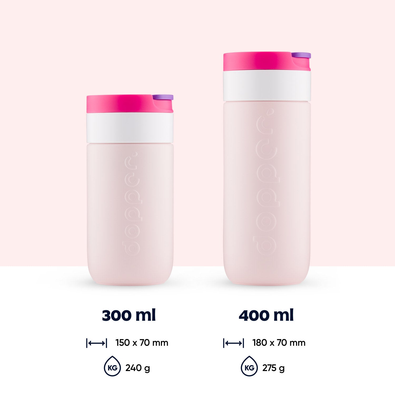 Dopper Travel Mug Berry Pink en twee afmetinge naast elkaar met roze achtergrond en vermelding inhoud en afmeting en gewicht