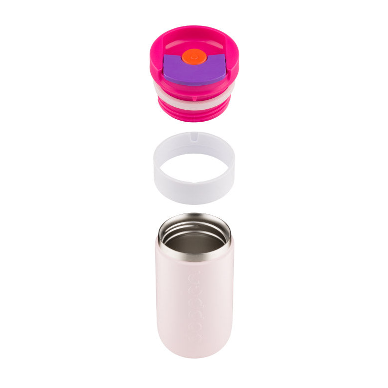 Dopper Travel Mug 300ml Berry Pink - losse nonderdelen zwevend boven elkaar