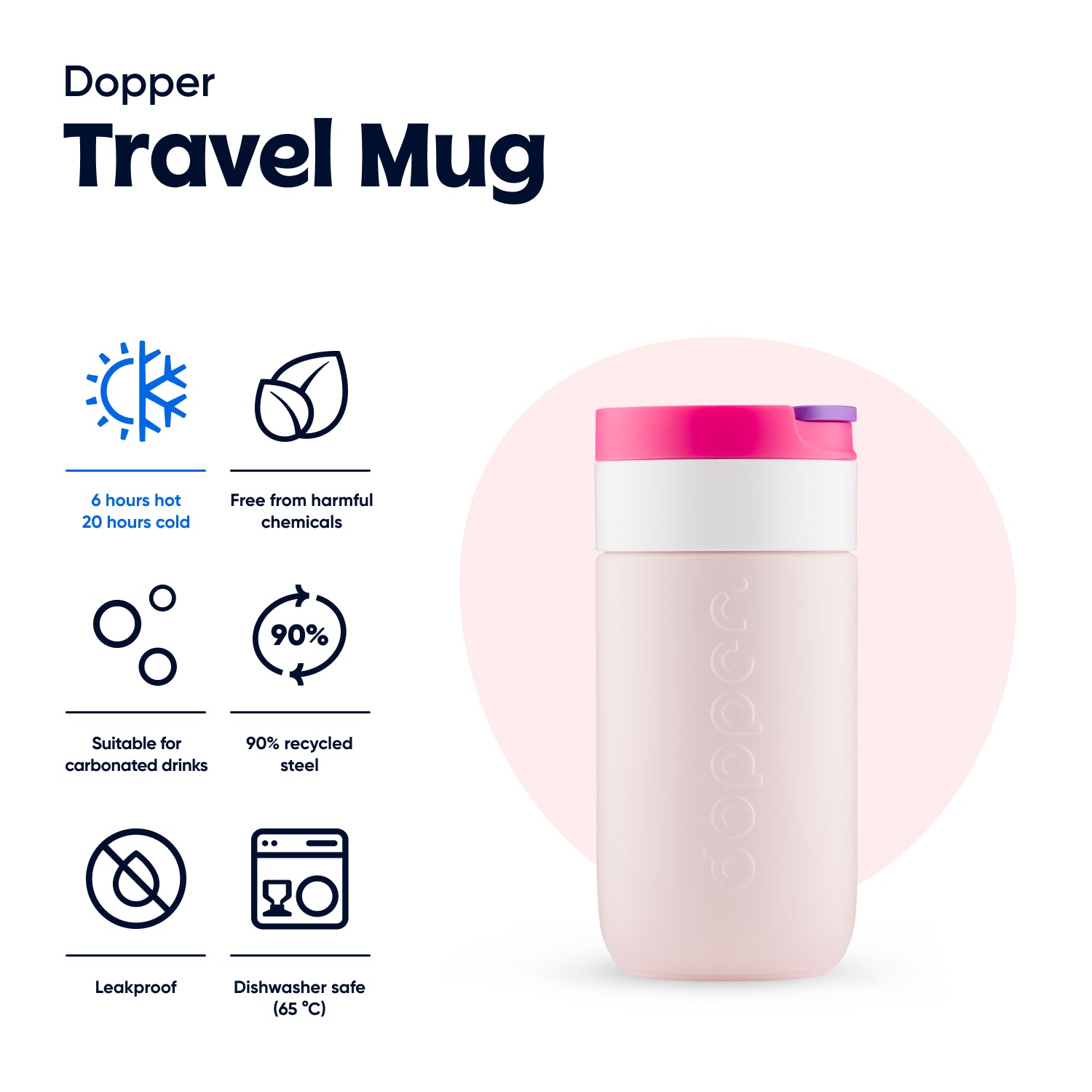 Dopper Travel Mug 300ml Berry Pink - vooraanzicht met vermelding eigenschappen