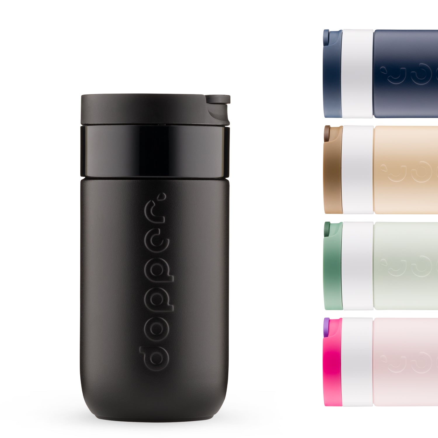 Dopper Travel Mug Small 300ml Blazing Black (zwart) - vooraanzicht met overige kleuren klein afgebeeld