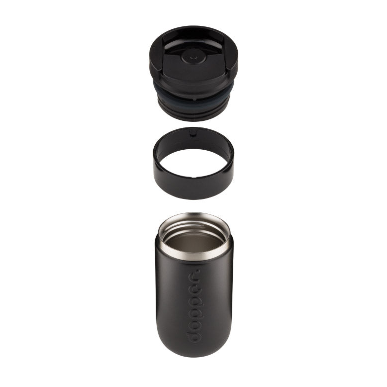 Dopper Travel Mug Small 300ml Blazing Black (zwart) - losse onderelen zwevend boven elkaar