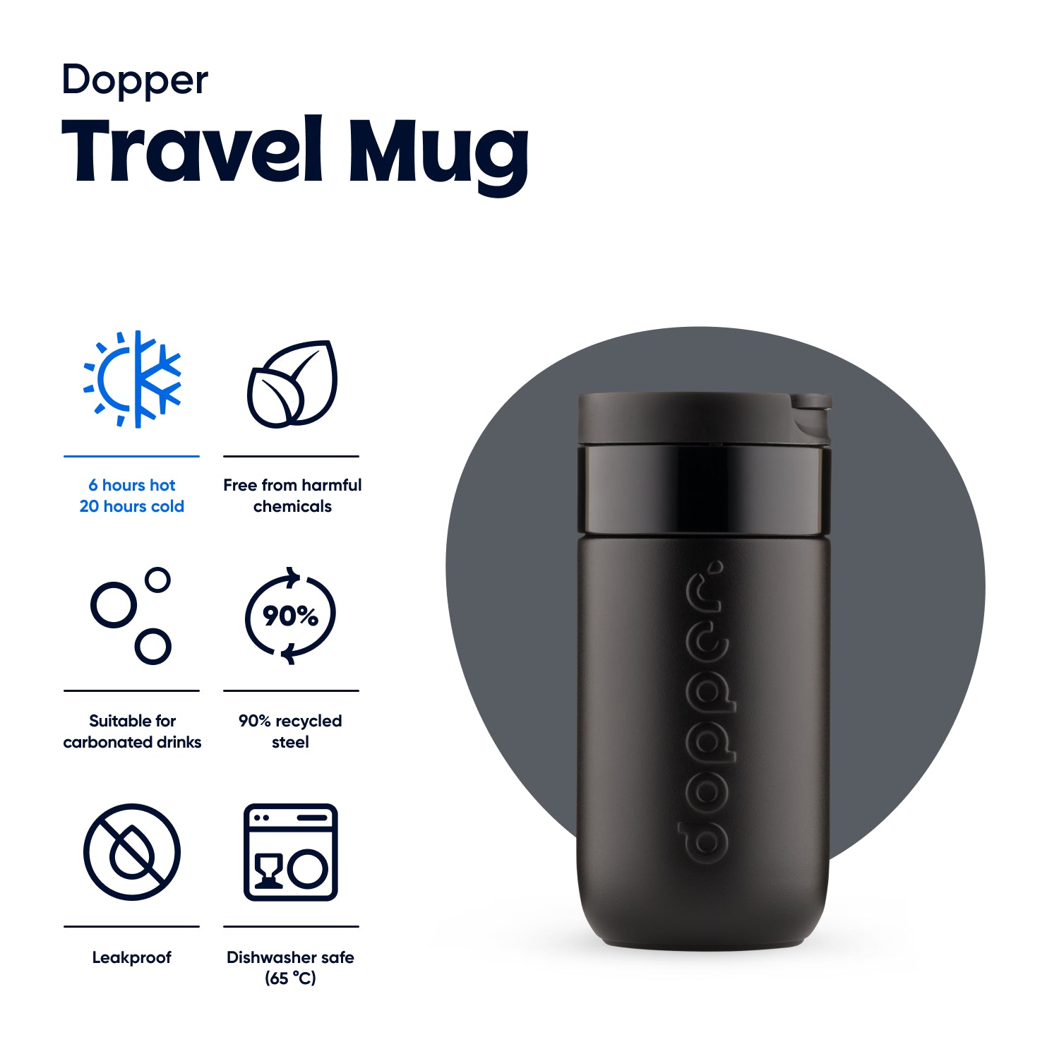 Dopper Travel Mug Small 300ml Blazing Black (zwart) - vooraanzicht met vermelding eigenschappen