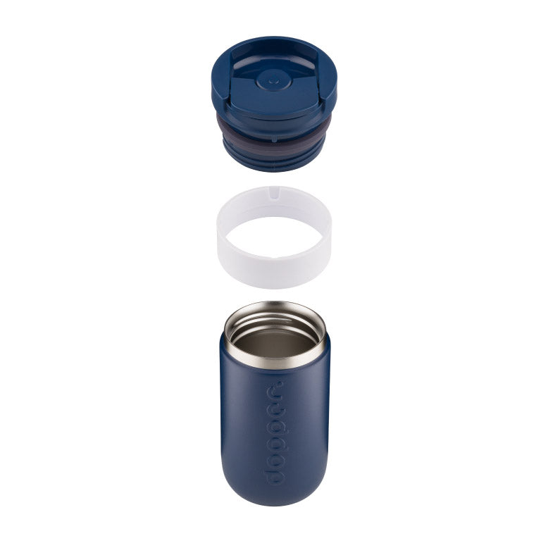 Dopper Travel Mug Small 300ml Breaker Blue (blauw) - losse onderdelen zwevend boven elkaar