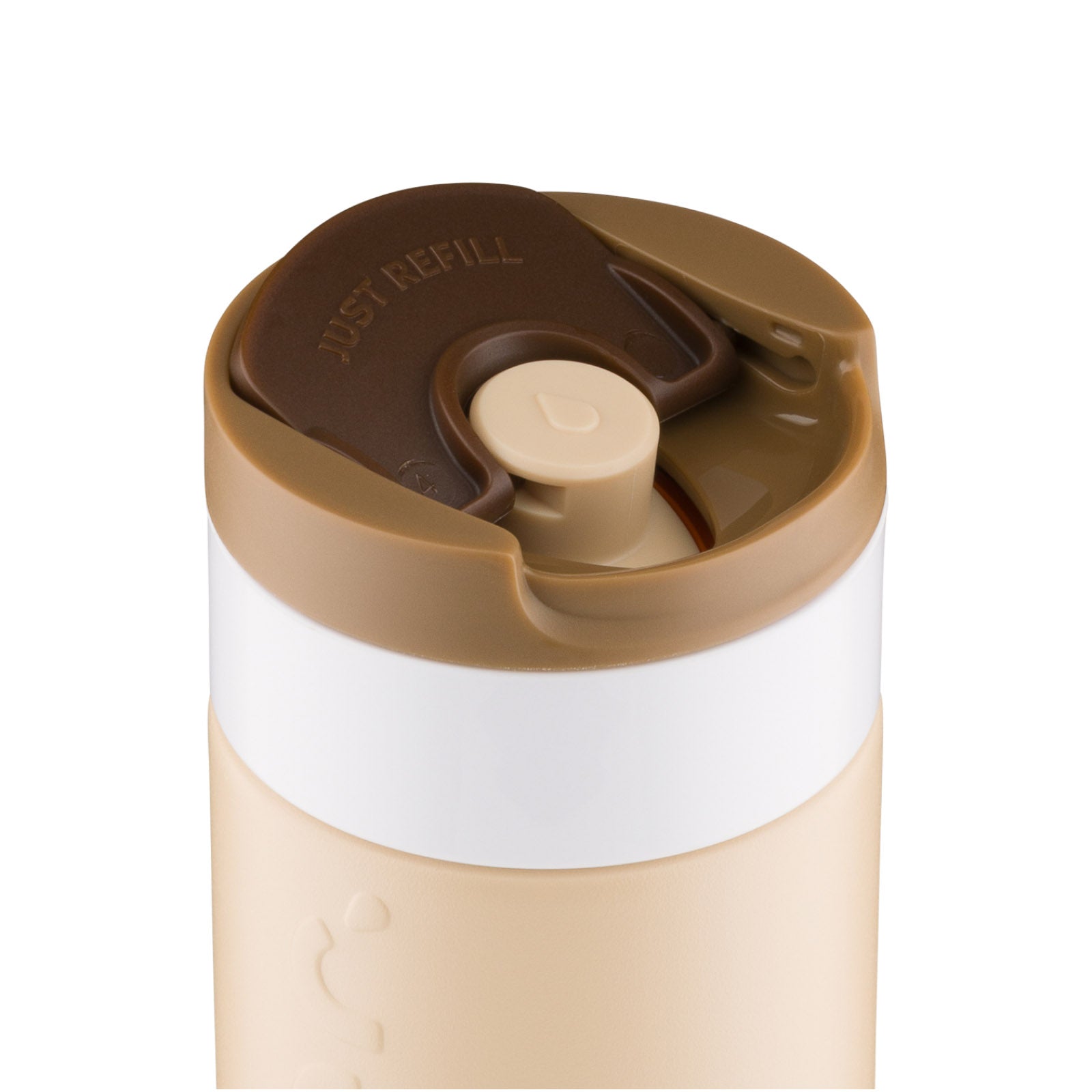 Dopper Travel Mug Small 300ml Earthy Brown (Beige) - detail dop met geopende Flip Cap