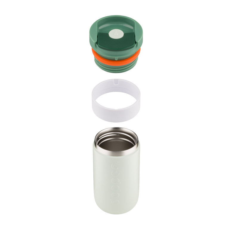 Dopper Travel Mug Small 300ml Forest Green - losse onderdelen zwevend boven elkaar
