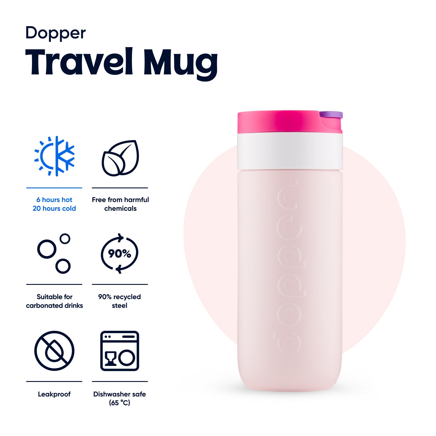 Dopper Travel Mug Large 400ml Berry Pink (roze) - vooraanzicht met vermelding eigenschappen