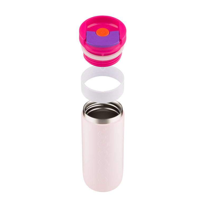 Dopper Travel Mug Large 400ml Berry Pink (roze) - losse onderdelen zwevend bovenelkaar