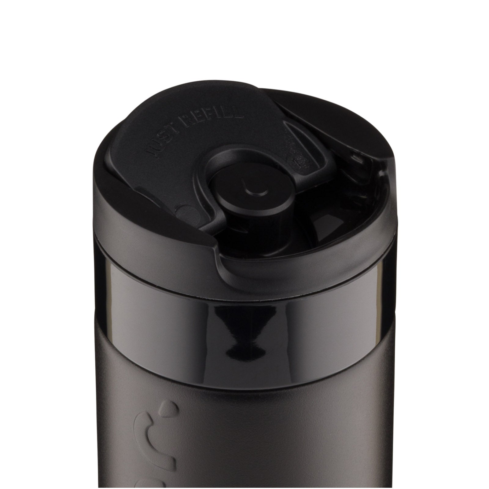 Dopper Travel Mug Large 400ml Blazing Black - detail dop met geopende Flip Cap