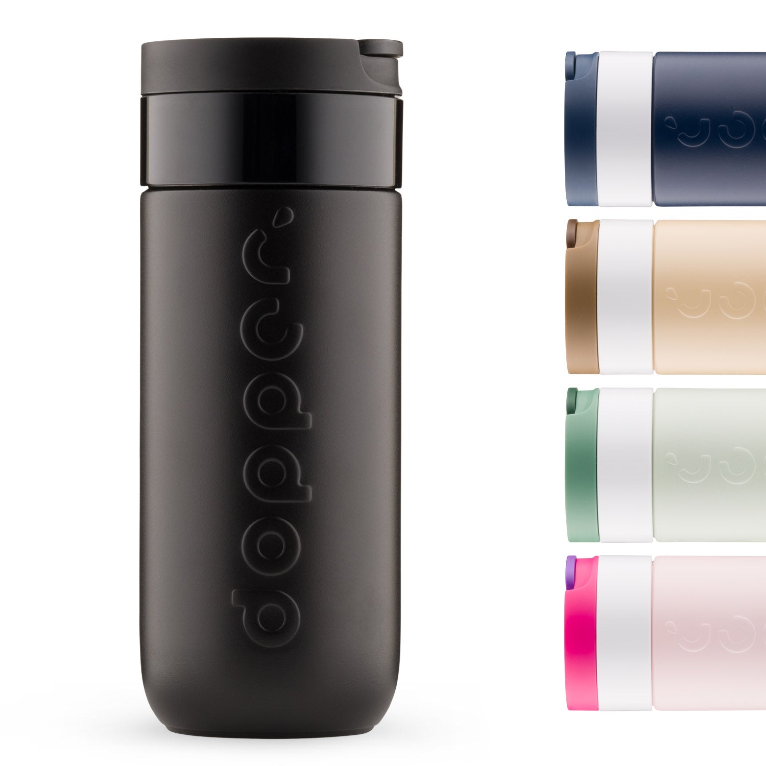 Dopper Travel Mug Large 400ml Blazing Black - vooraanzicht met overige kleuren klein afgebeeld