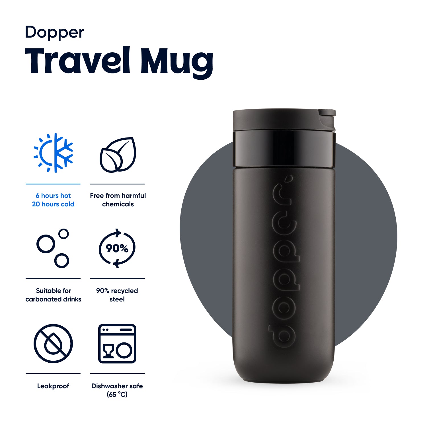 Dopper Travel Mug Large 400ml Blazing Black - vooraanzoicht met vermelding eigenschappen