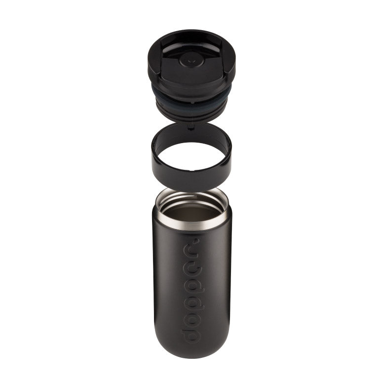 Dopper Travel Mug Large 400ml Blazing Black - losse onderdelen boven elkaar zwevend