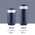 Dopper Travel Mug Small en Large Breaking Blue (blauw) naast elkaar met vermelding inhoud, afmeting en gewicht