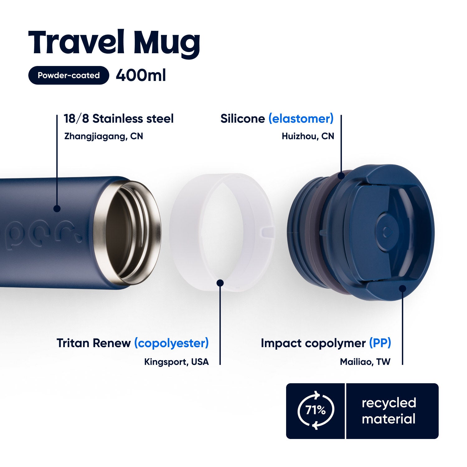 Dopper Travel Mug Large 400ml Breaking Blue (blauw) - losse onderdelen met vermelding materialen