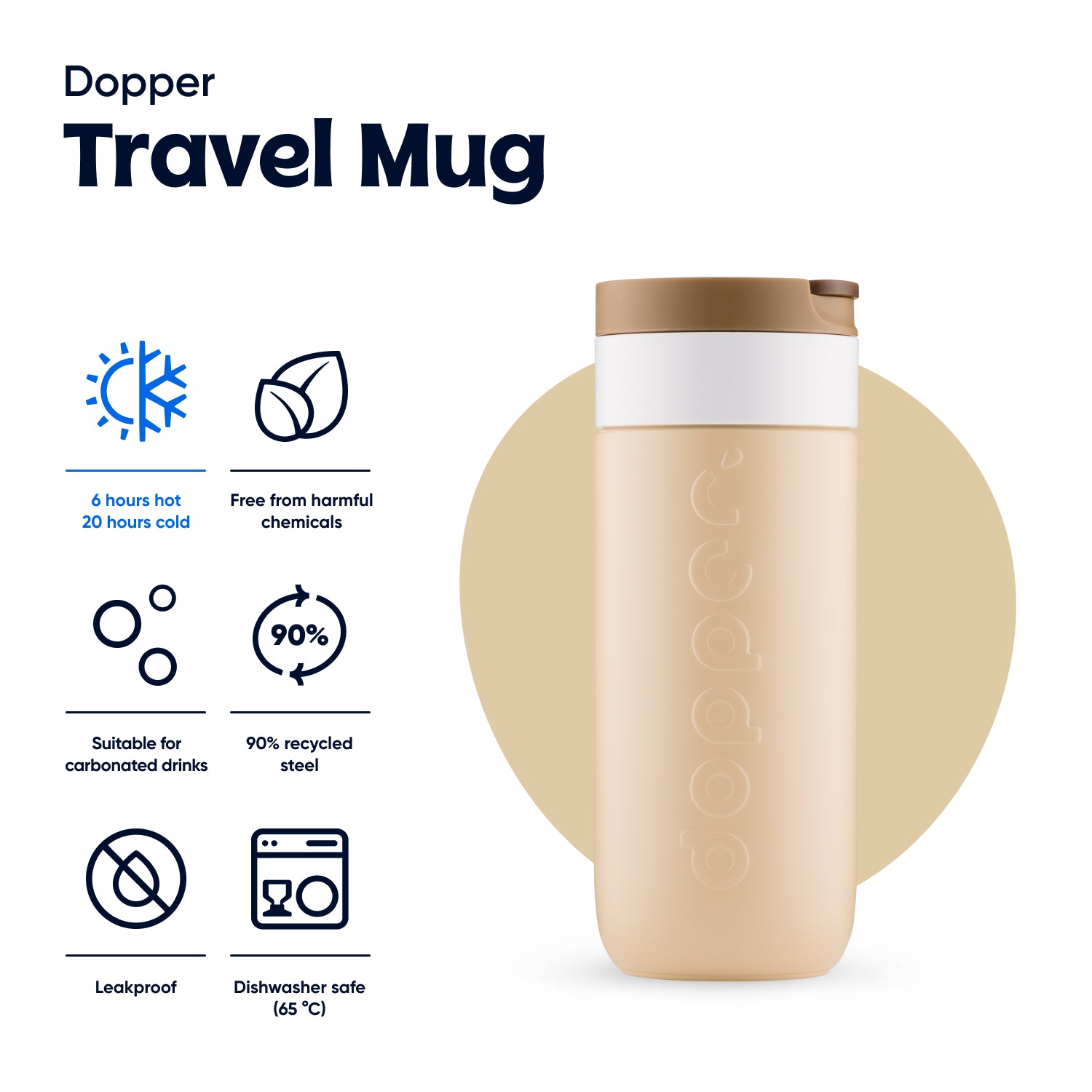 Dopper Travel Mug Large 400ml Earthy Brown (beige) - vooraanzicht met vermelding eigenschappen