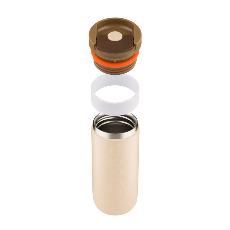 Dopper Travel Mug Large 400ml Earthy Brown (beige) - losse onderdelen zwevend boven elkaar