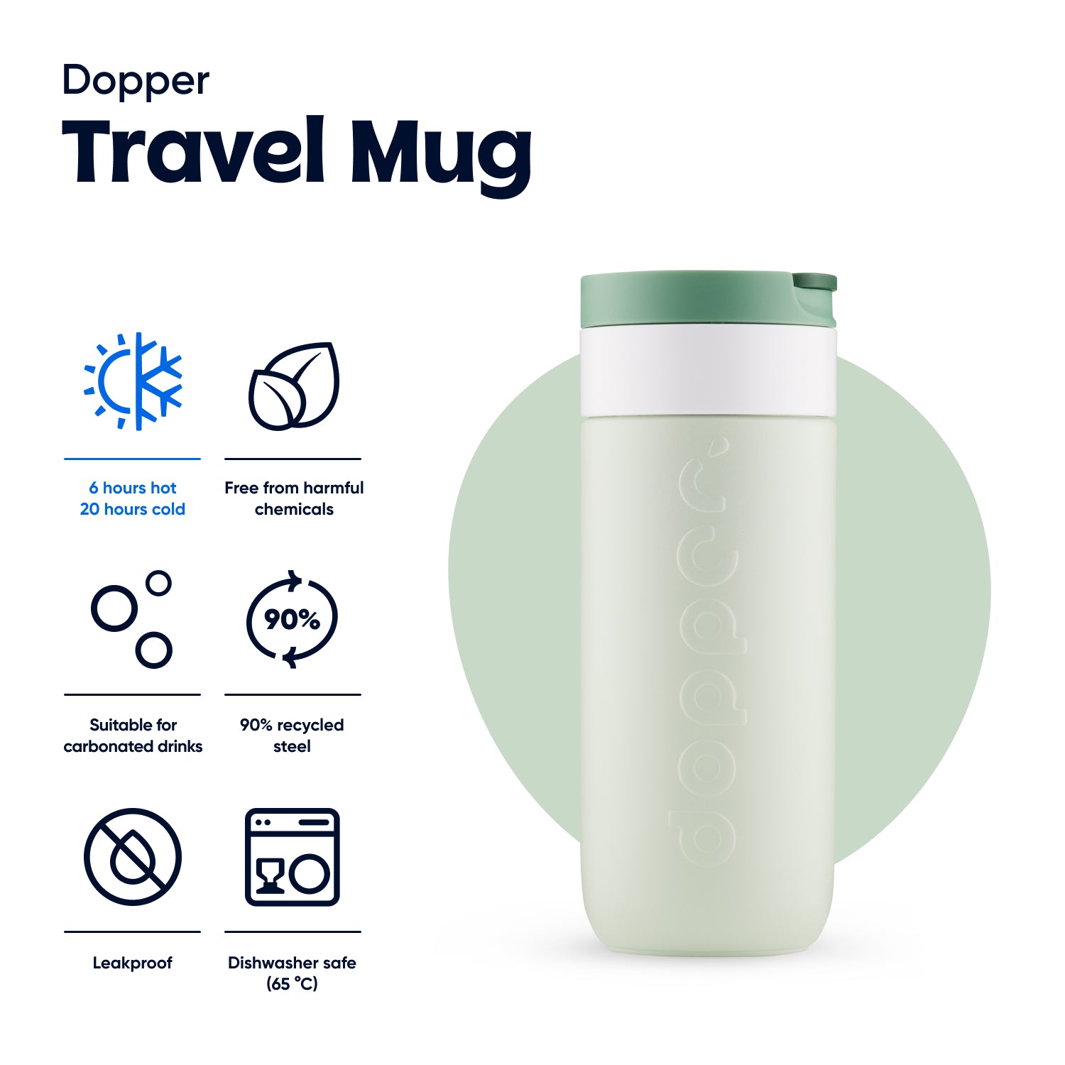 Dopper Travel Mug Large 400ml Forest Green (groen) - vooraanzicht met vermelding eigenschappen