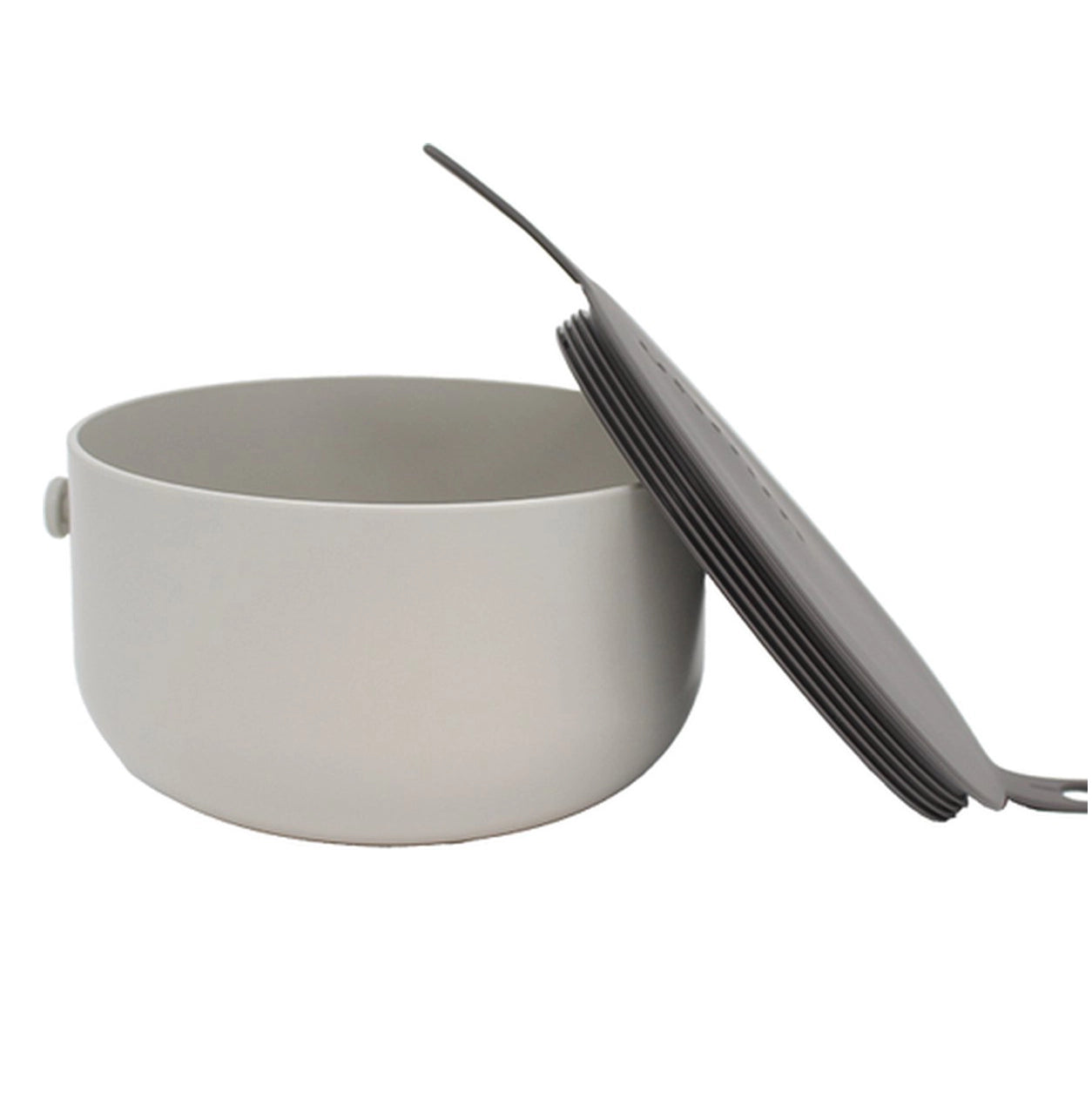 Uhmm Bowl 01 Warm Grijs - vooraanzicht met losse deksel.