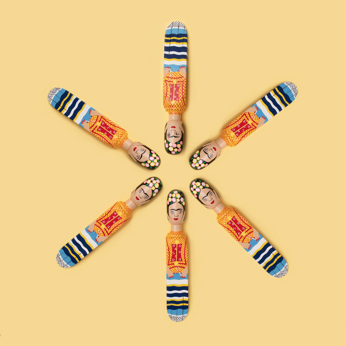 Wedgie Deurstopper Freeda (Frida Kahlo look) 6 stuks in cirkel patroon met hoofden naar elkaar toe
