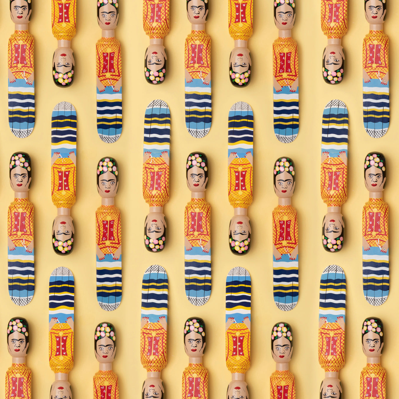 Wedgie Deurstopper Freeda (Frida Kahlo look) - bovenaanzicht van meerdere stuks in patroon gelegd