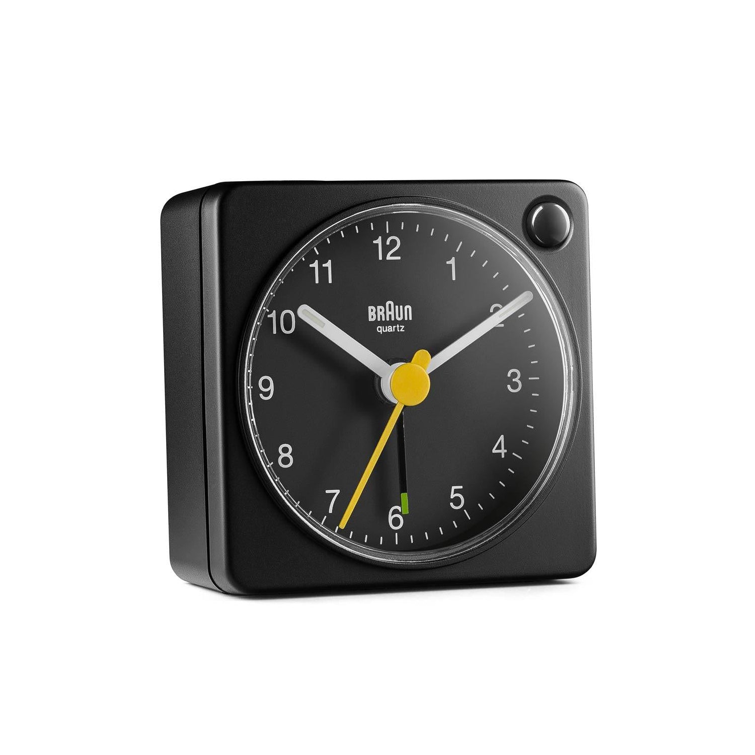 Braun Wekker Analoog BC02B│Zwart│Reiswekker│voorkant schuin met witte achtergrond
