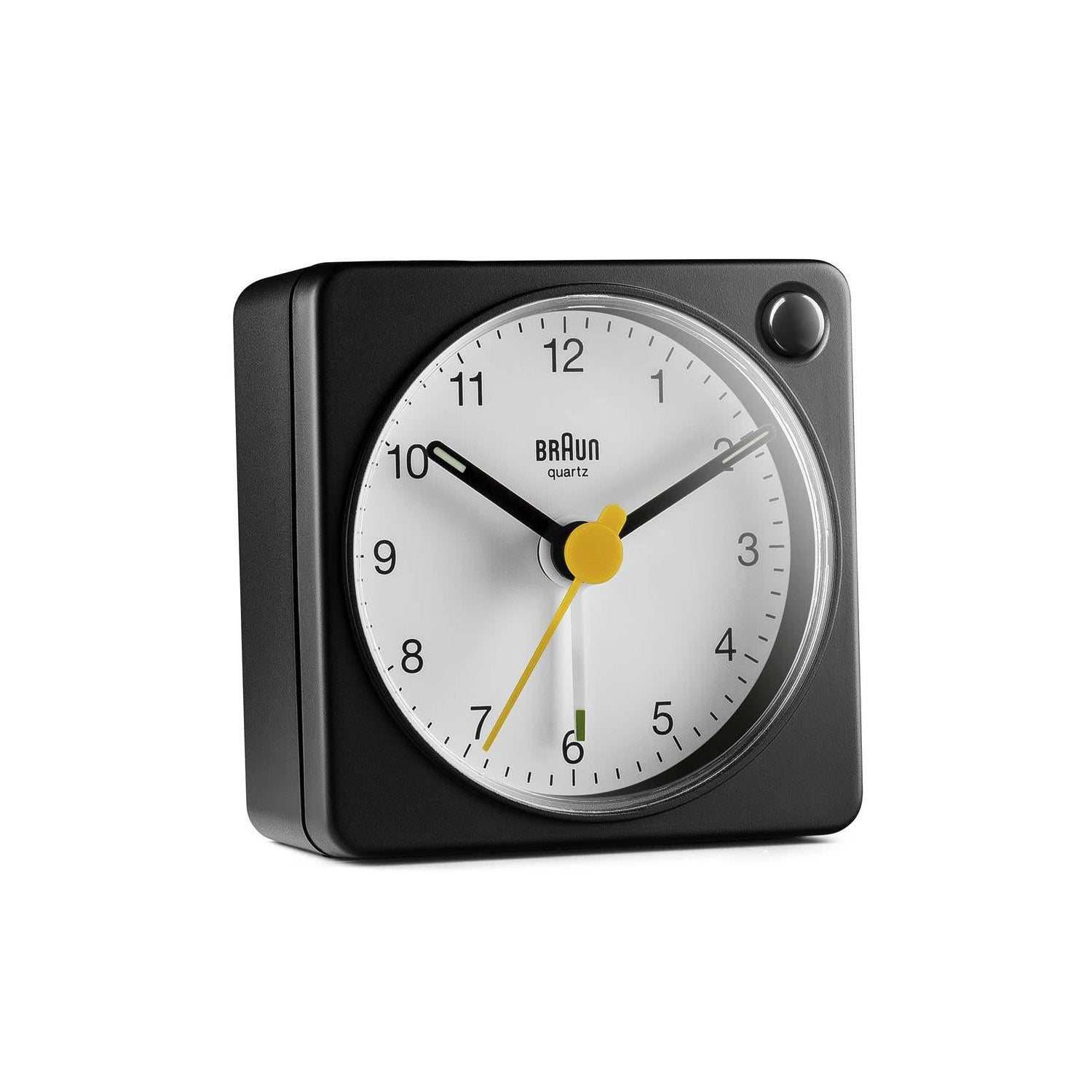 Braun Wekker Analoog BC02BW│Zwart&Wit│Reiswekker│foto voorkant schuin met witte achtergrond