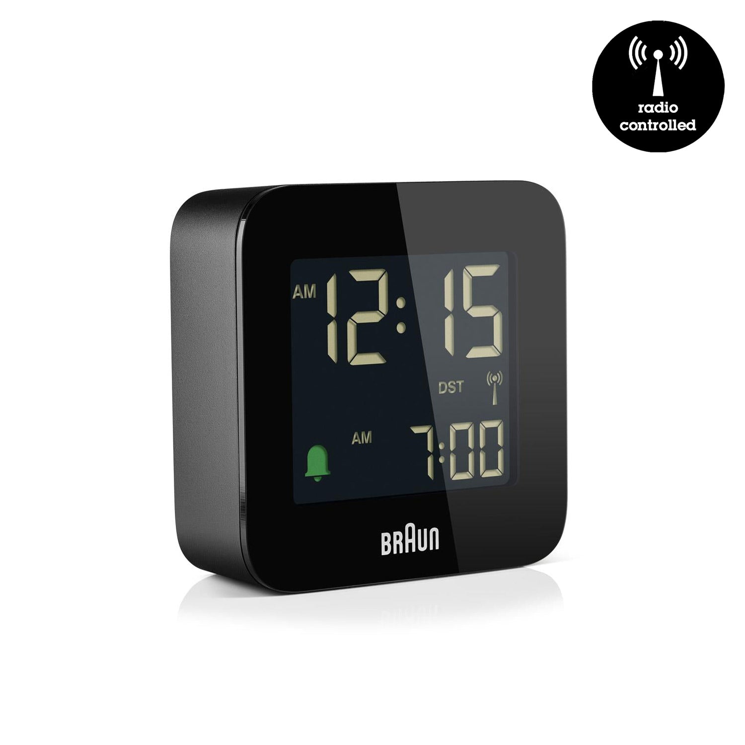 Braun Reiswekker Digitaal BC08B-DCF│Zwart│Radiogestuurd│voorkant schuin met radio controlled teken