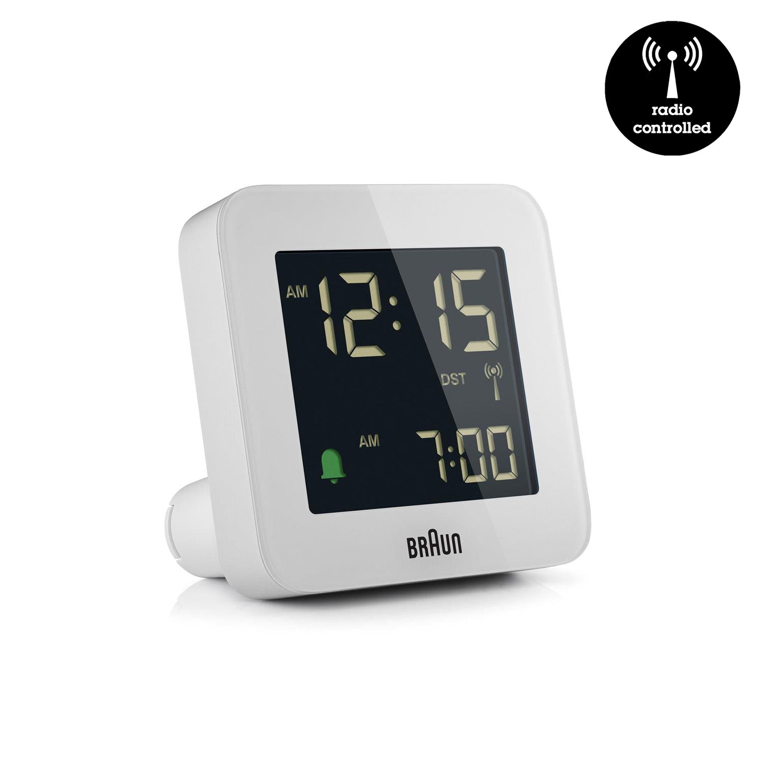 Braun Wekker Digitaal BC09W-DCF│Wit│Radiogestuurd│voorkant schuin met radio controlled teken