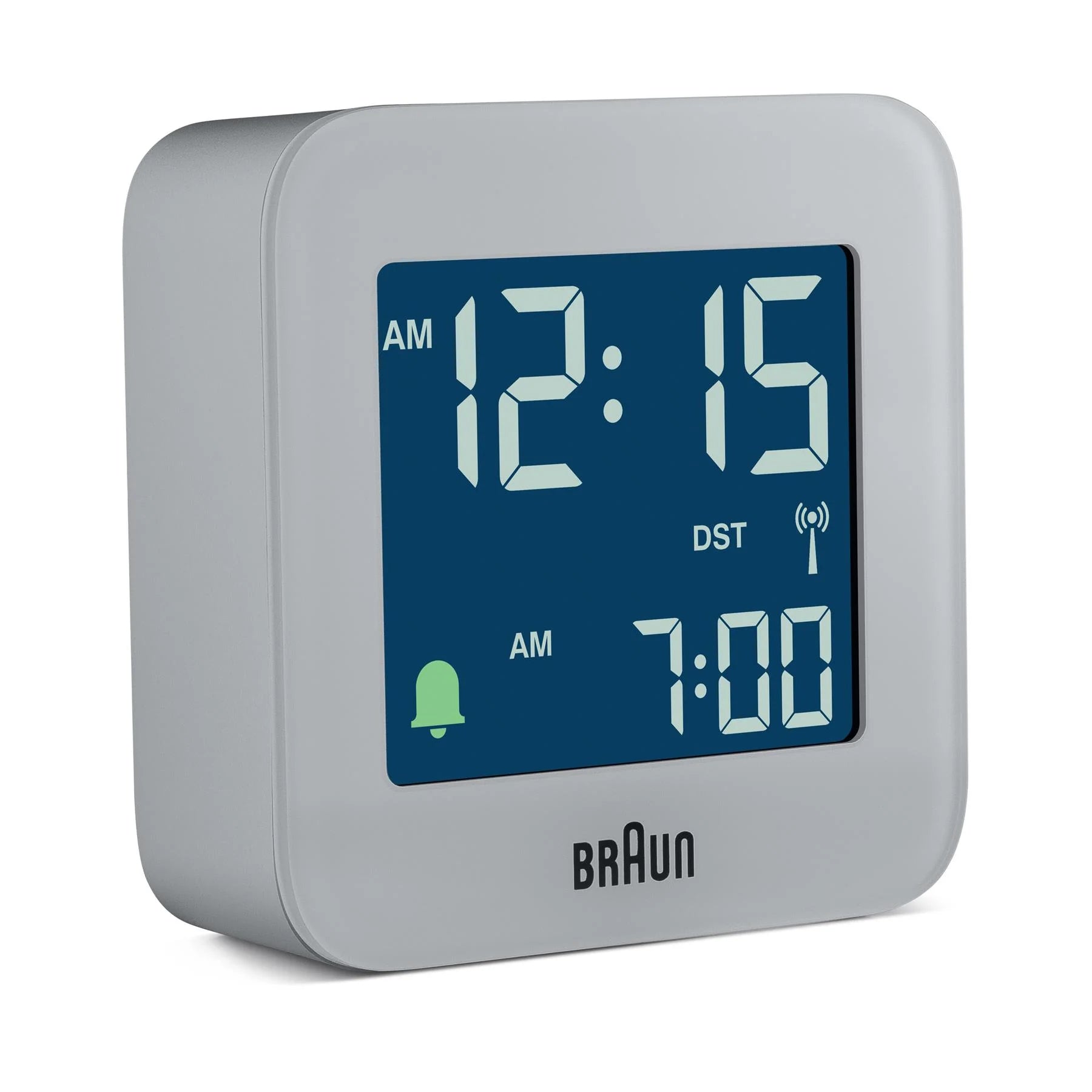 Braun Reiswekker Digitaal BC08G-DCF│Grijs│radiogestuurd│voorkant schuin met verlichting aan