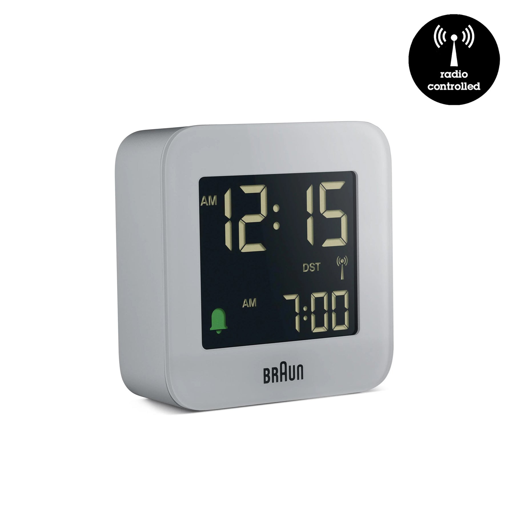 Braun Reiswekker Digitaal BC08G-DCF│Grijs│radiogestuurd│voorkant schuin met radio controlled teken