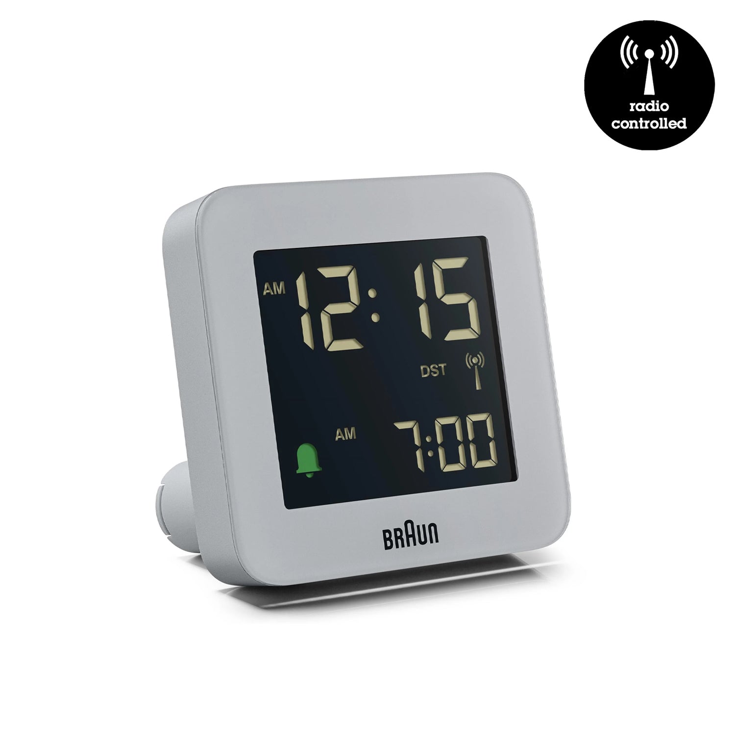 Braun Wekker Digitaal BC09G-DCF│Grijs│Radiogestuurd│voorkant schuin met radio controlled teken