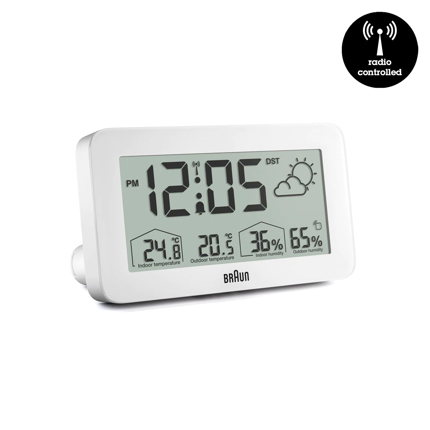 Braun Weerstation en Wekker BC13WP-DCF│Radiogestuurd│voorkant schuin met witte achtergrond en radio controlled teken