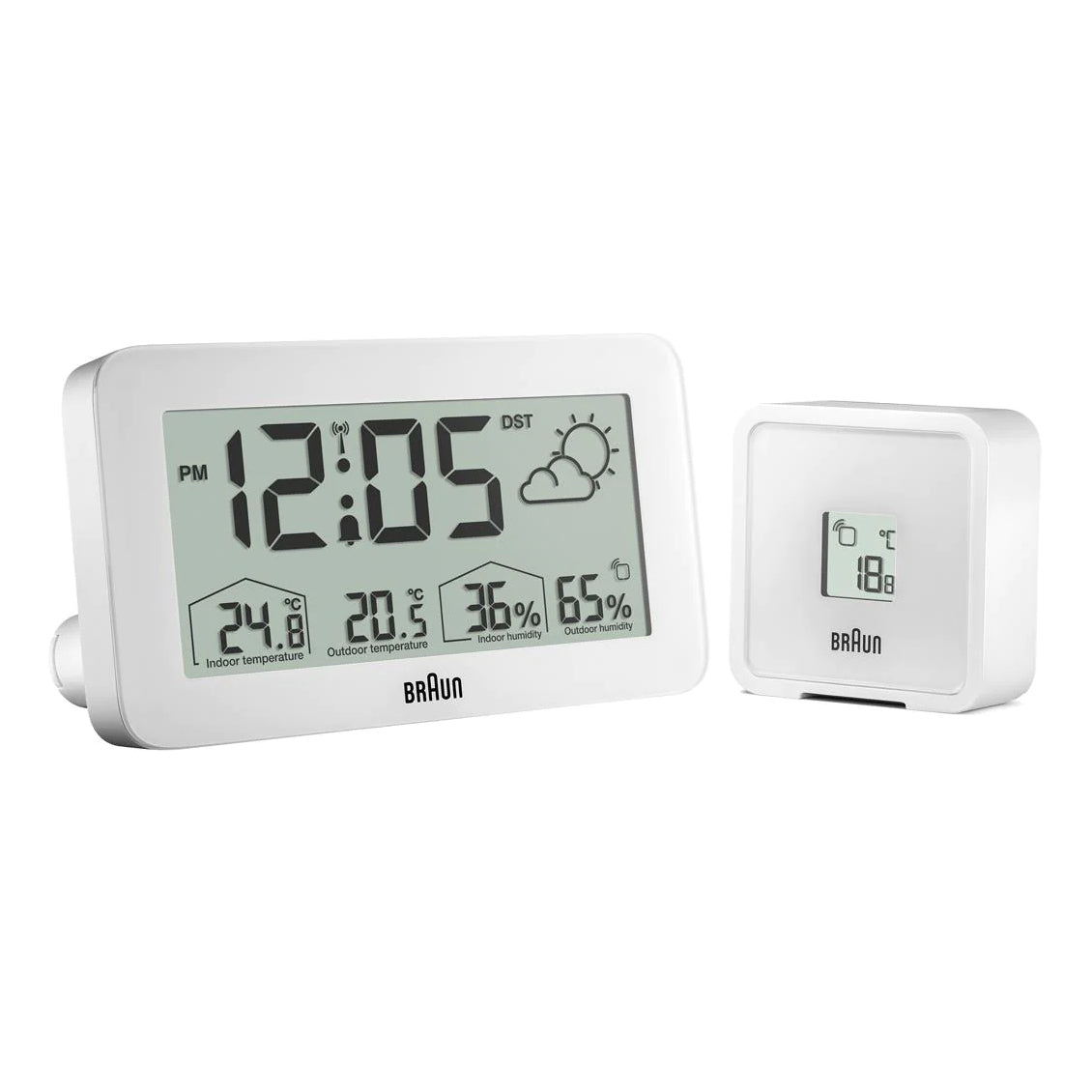 Braun Weerstation en Wekker BC13WP-DCF│Radiogestuurd│voorkant schuin met buitensensor
