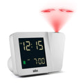 Braun Projectieklok en Wekker Digitaal BC15W-DCF│Wit│Radiogestuurd│voorkant schuin met projectie en projectie-arm gedraaid
