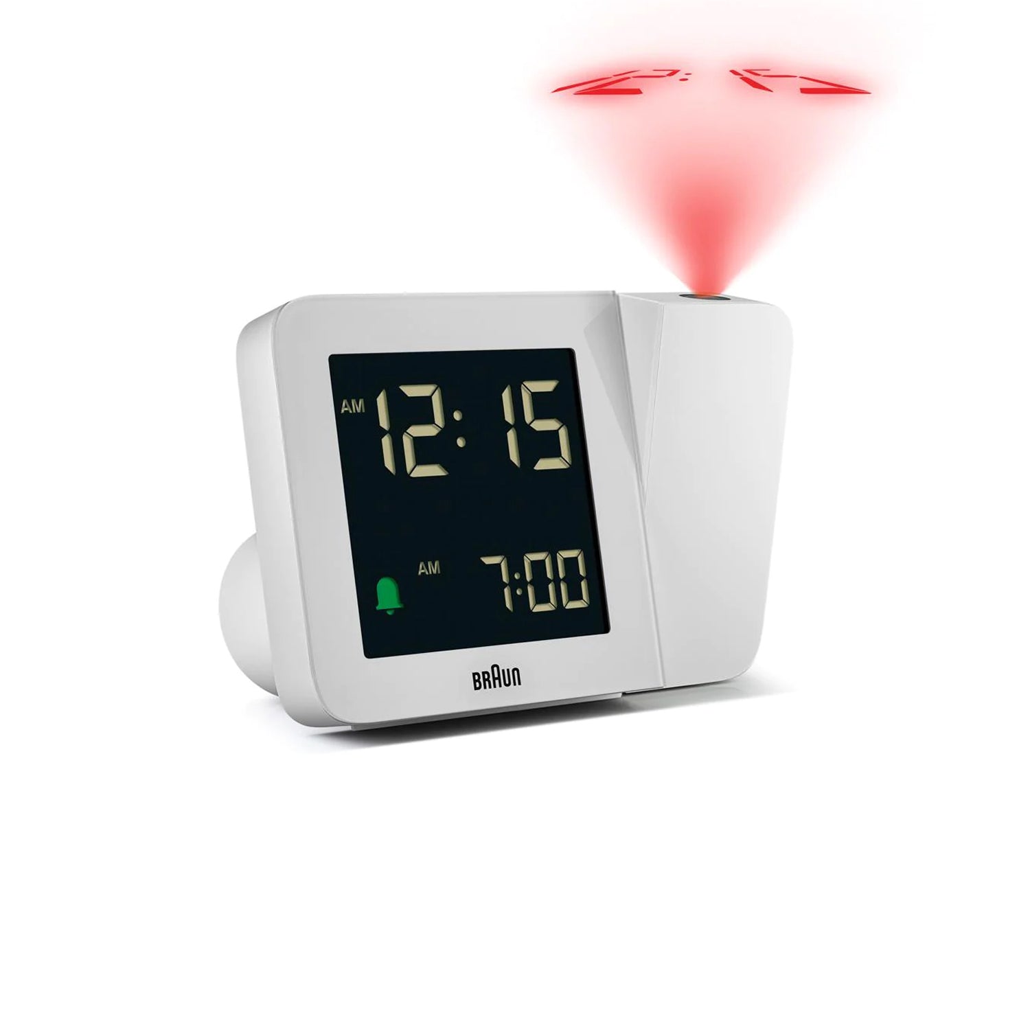 Braun Projectieklok en Wekker Digitaal BC15W-DCF│Wit│Radiogestuurd│voorkant schuin met projectie licht
