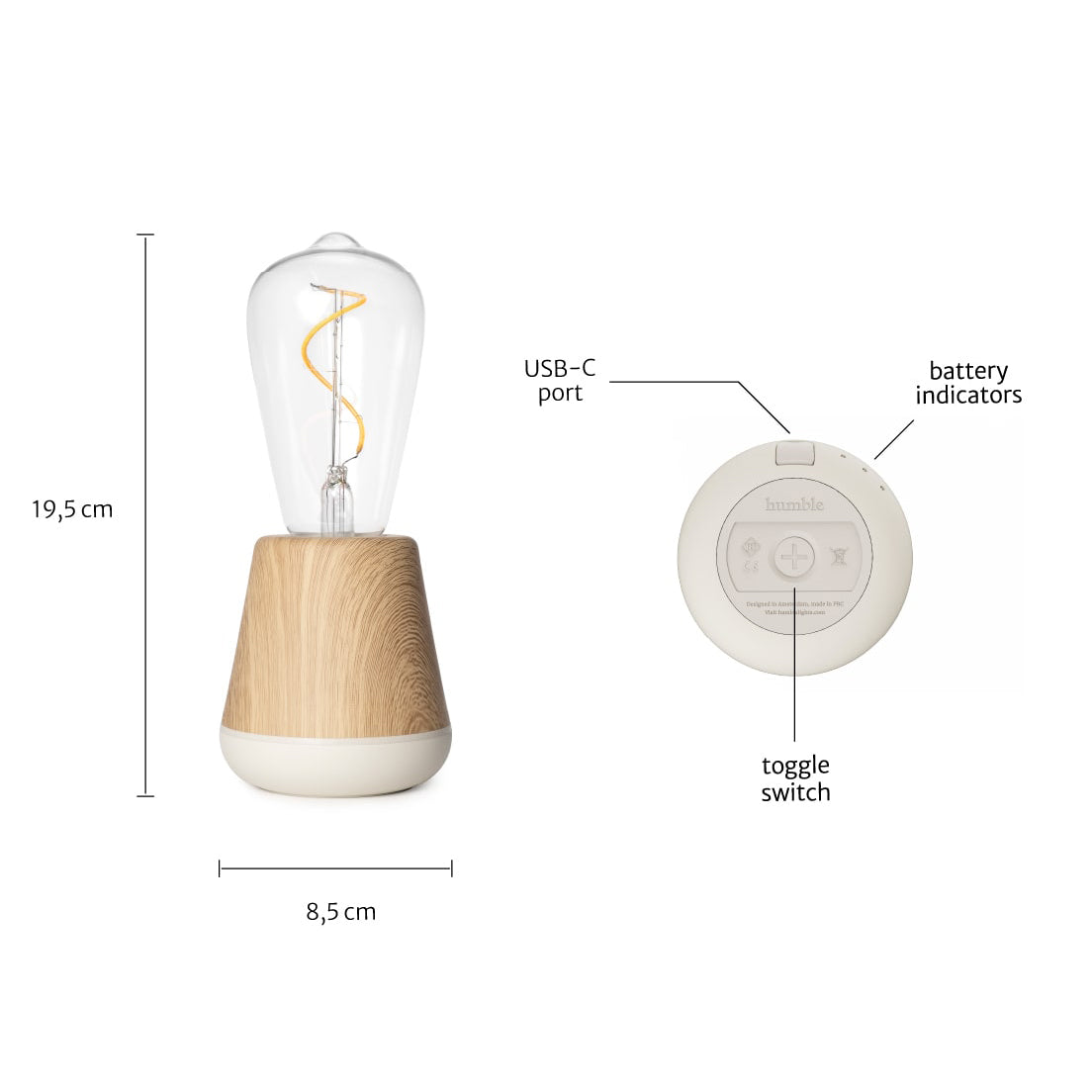 Humble One Smart Oplaadbare Tafellamp Donkergrijs│art. HUMTLS0101│Slimme Verlichting│afmeting en functie toetsen