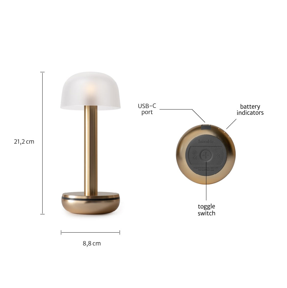 Humble Two Oplaadbare tafellamp Gold Frosted│Draadloos│art. HUMTL00204│afmeting en functietoetsen