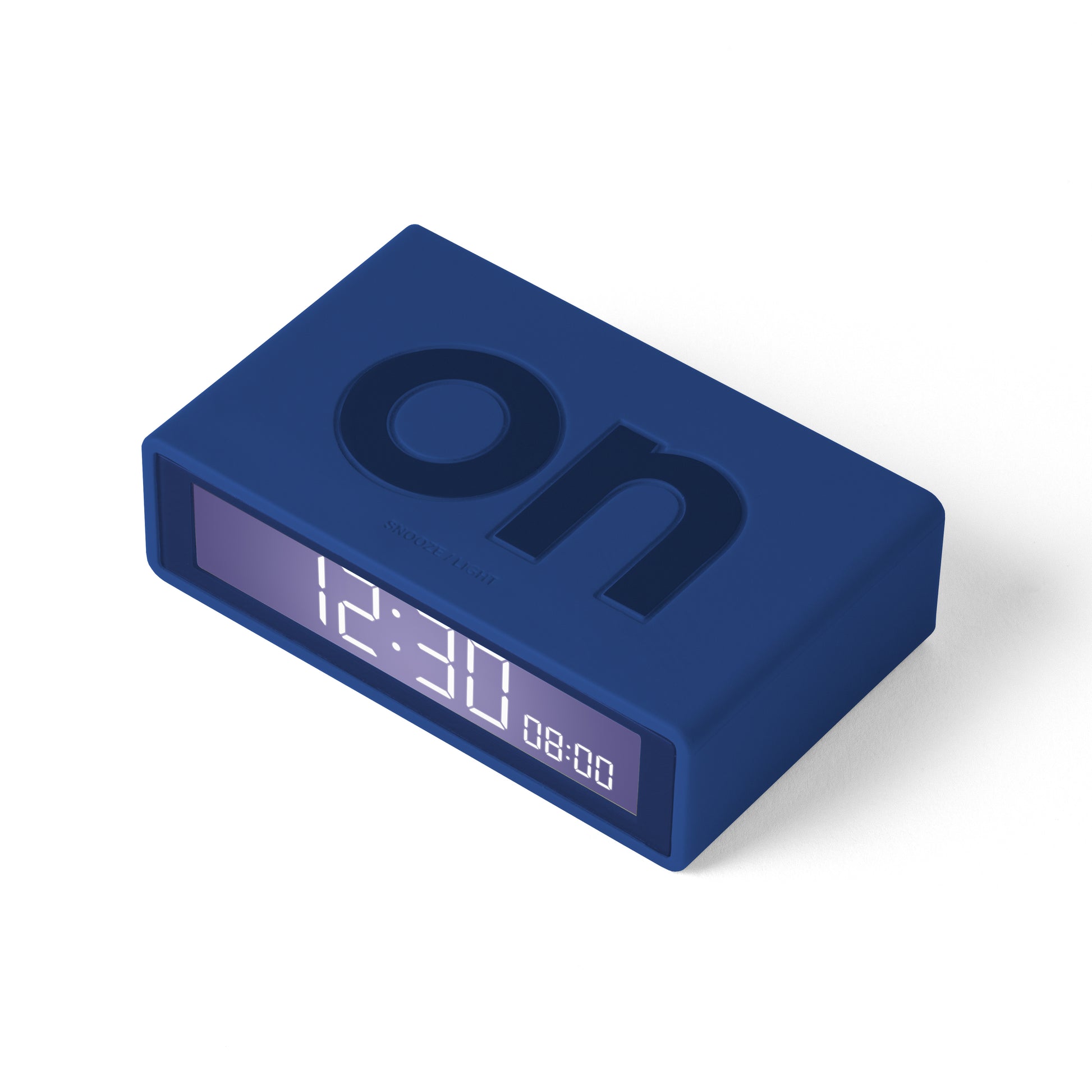 Lexon Flip+ Reiswekker Digitaal│Donkerblauw│bovenkant met verlichting aan en ON-teken naar boven
