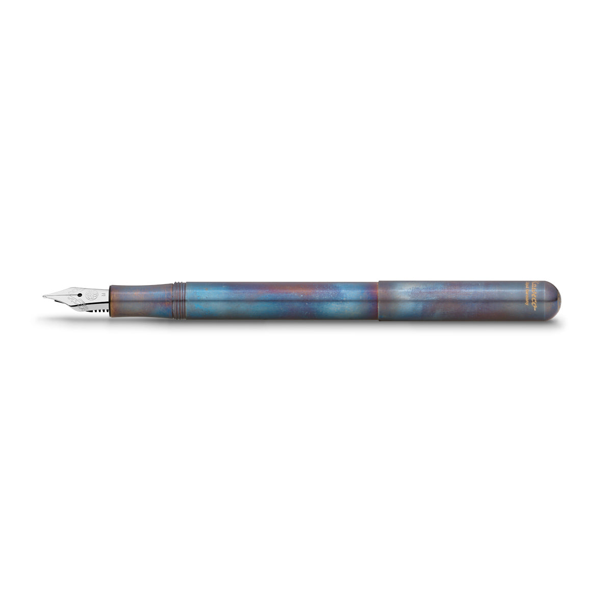 Kaweco Liliput Vulpen Fireblue RVS│art. 510851│liggend met dop op houder