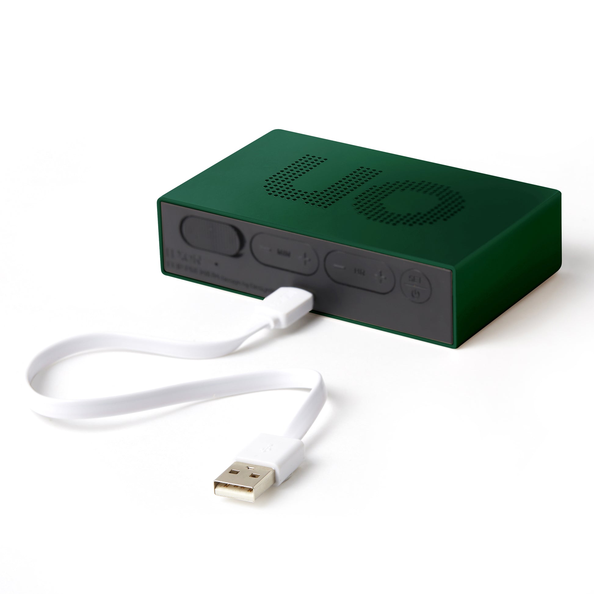 Lexon Flip Premium Wekker Donkergroen│Art. LR152DG1│achterkant met USB-kabel