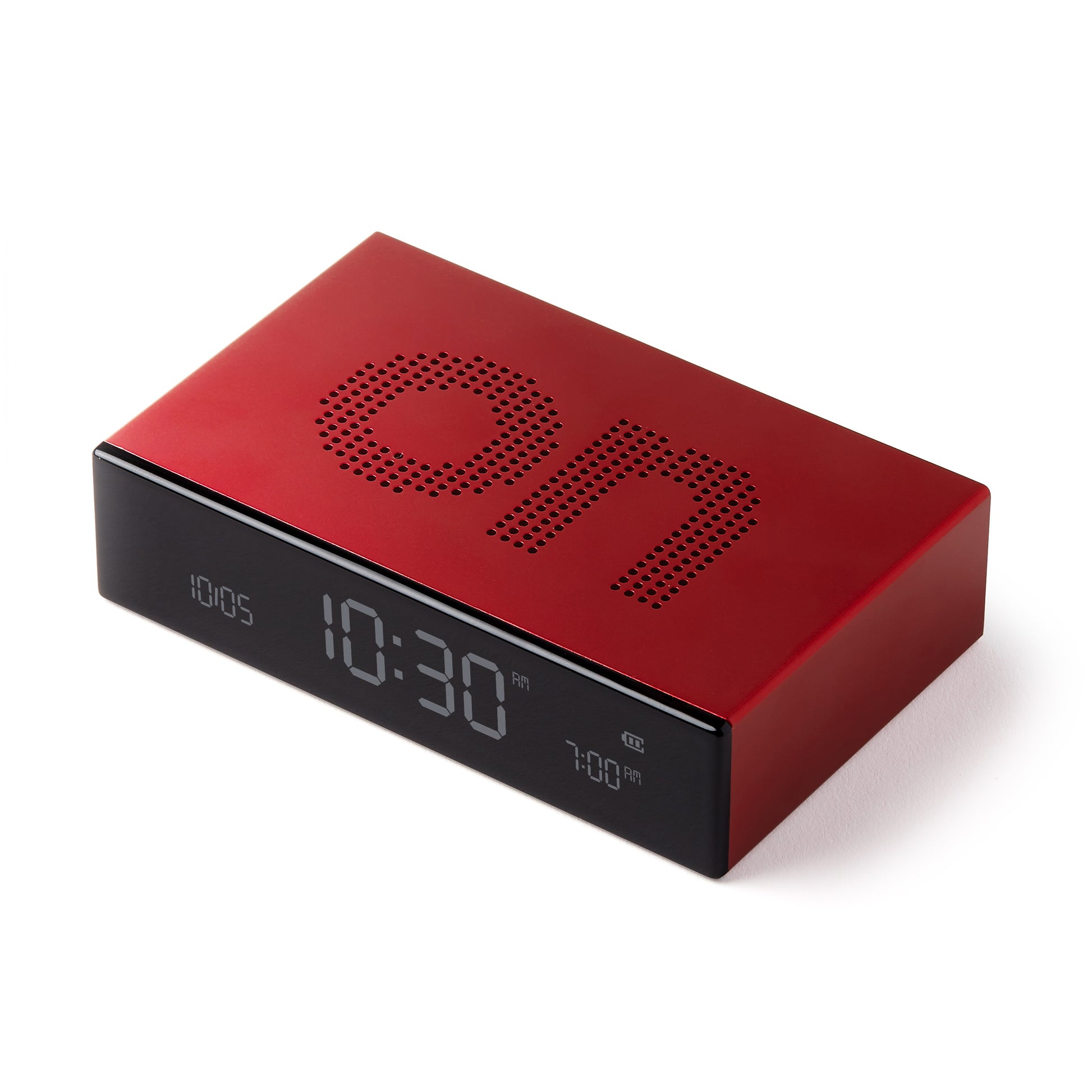 Lexon Flip Premium Wekker Rood│Art. LR152R│bovenkant schuin met On-teken aan bovenzijde